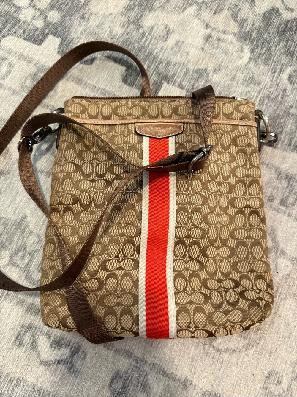 Coach Signature Stripe File Crossbody Bag Khaki Brown Canvas Leather